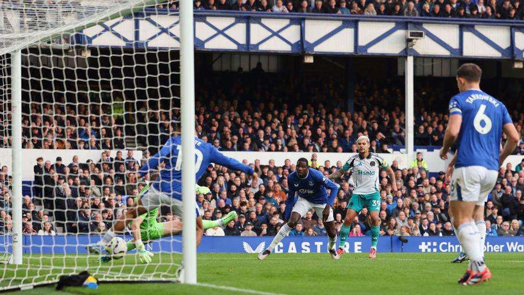 Bruno Guimaraes sees his shot cleared off the line by Iliman Ndiaye