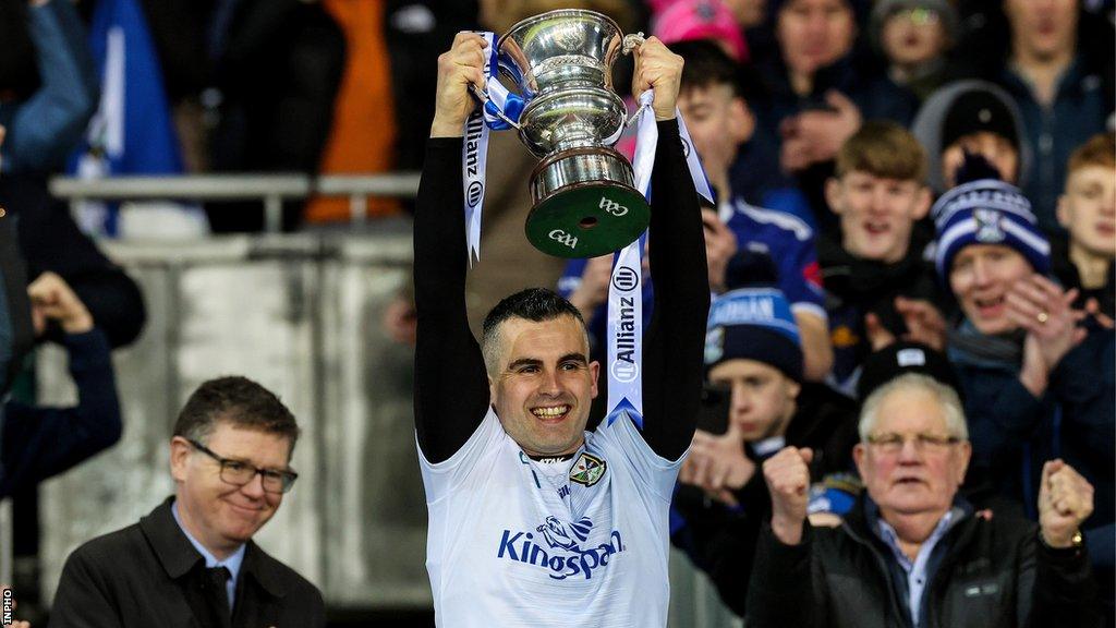 Cavan captain Raymond Galligan holds aloft the Division Three trophy at Croke Park