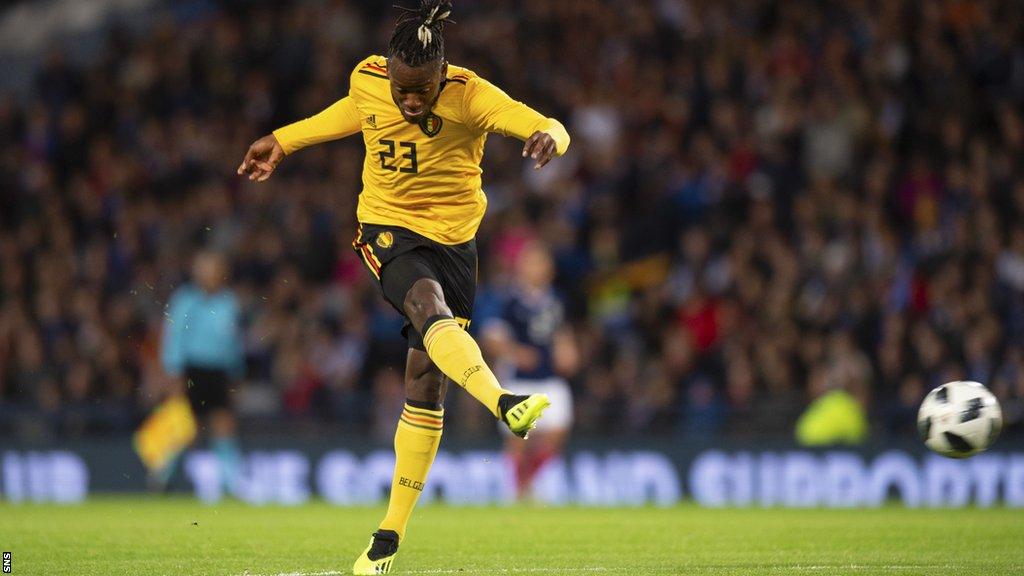 Michy Batshuayi scores for Belgium against Scotland in 2018