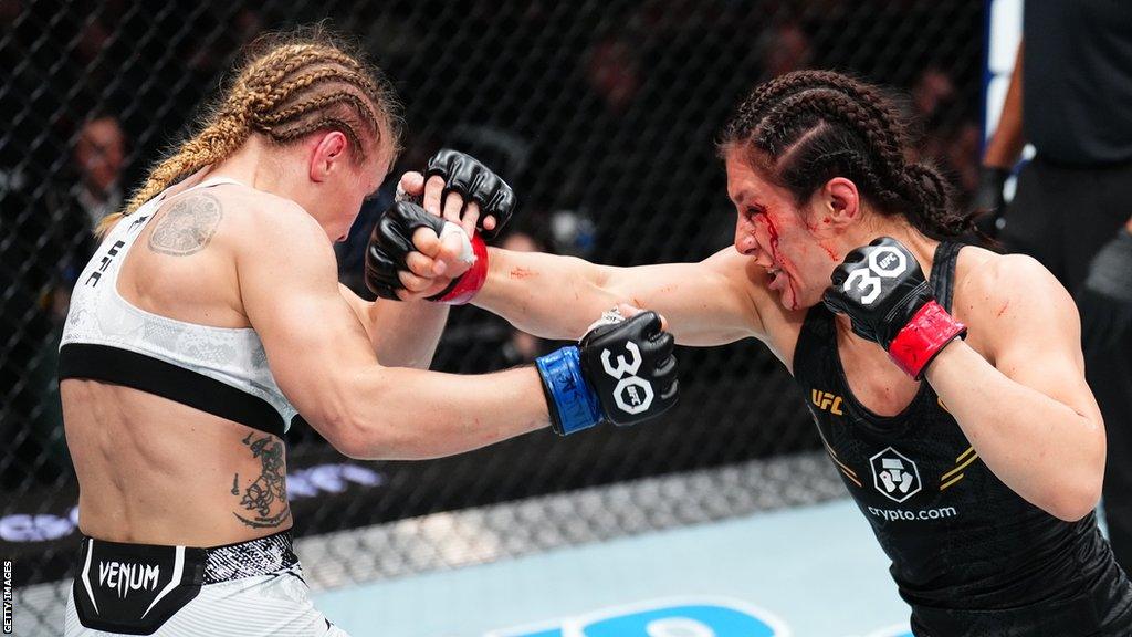 Alexa Grasso and Valentina Shevchenko in action during their UFC flyweight bout