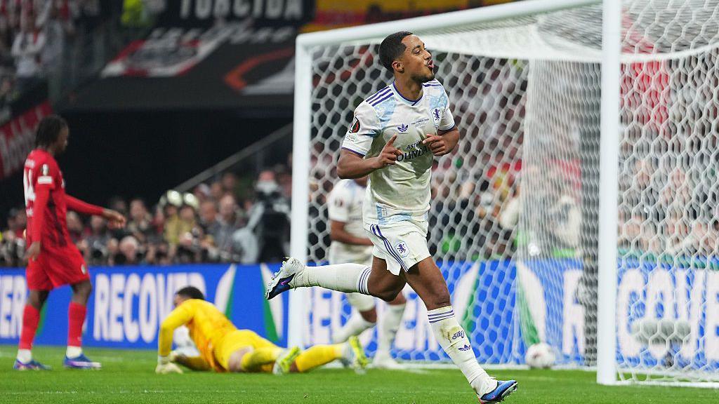 Youri Tielemans celebrates scoring Aston Villa's opener in their Europa League final win over Freiburg 