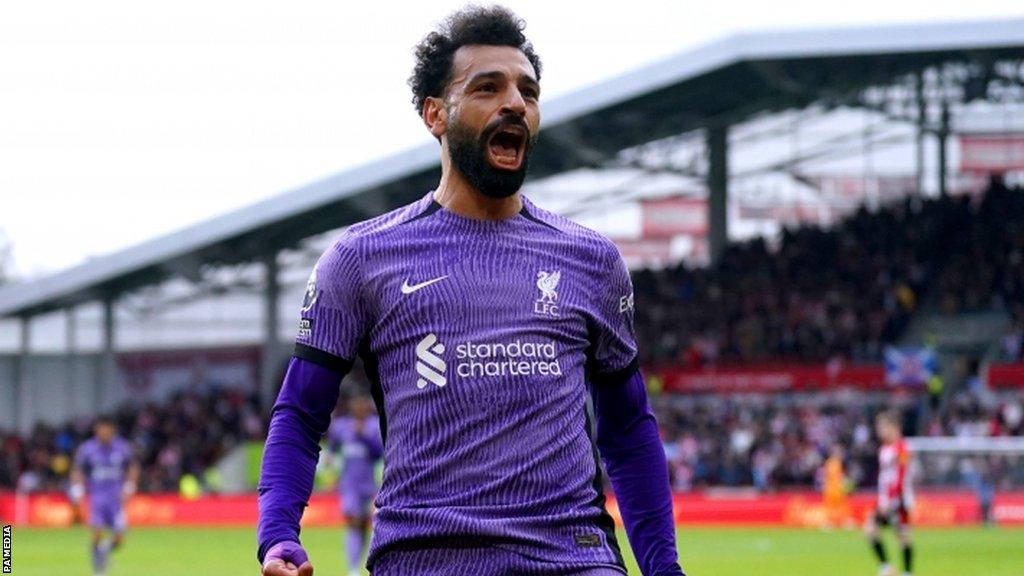 Mohamed Salah celebrates scoring against Brentford