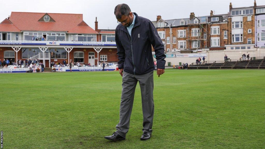 Umpire Surendiran Shanmugam inspects conditions at North Marine Road