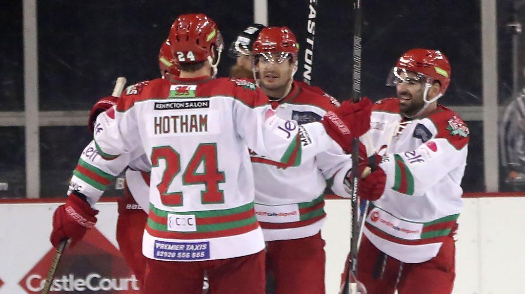 Cardiff Devils celebrate victory over Belfast Giants