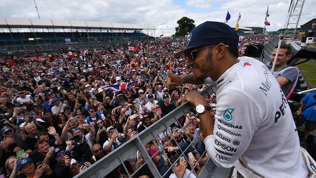 Lewis Hamilton celebrates winning the 2016 British Grand Prix at Silverstone