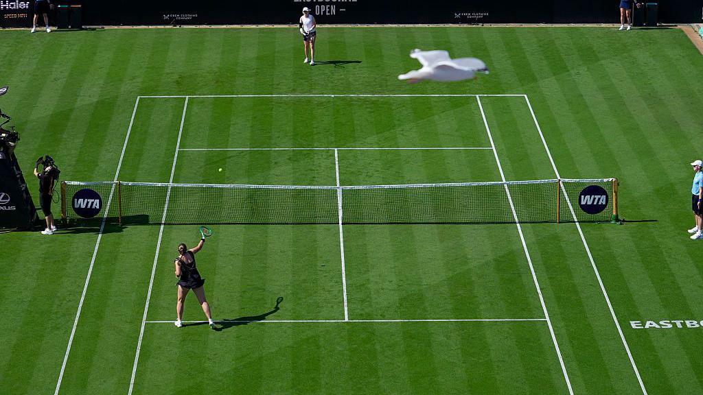 Jelena Ostapenko strikes a ball during play at the 2026 Eastbourne Open