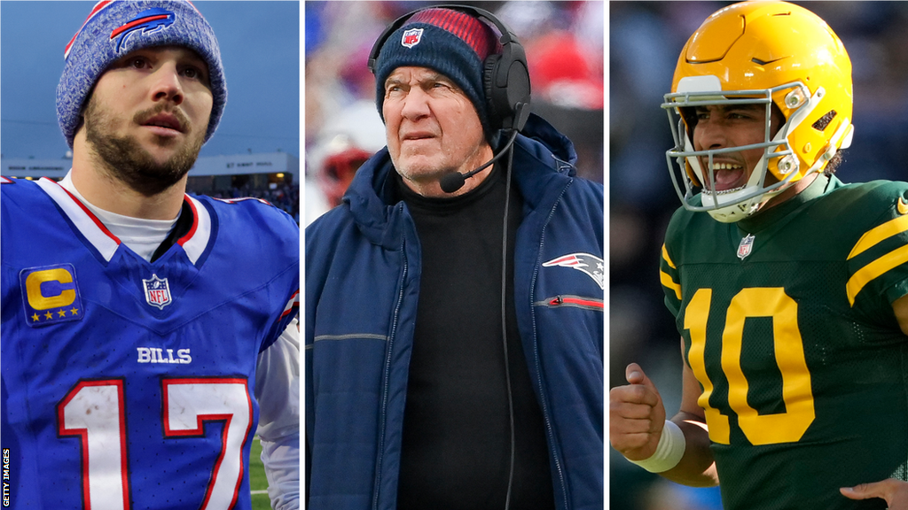 Josh Allen (L), Bill Belichick (C) and Jordan Love (R)