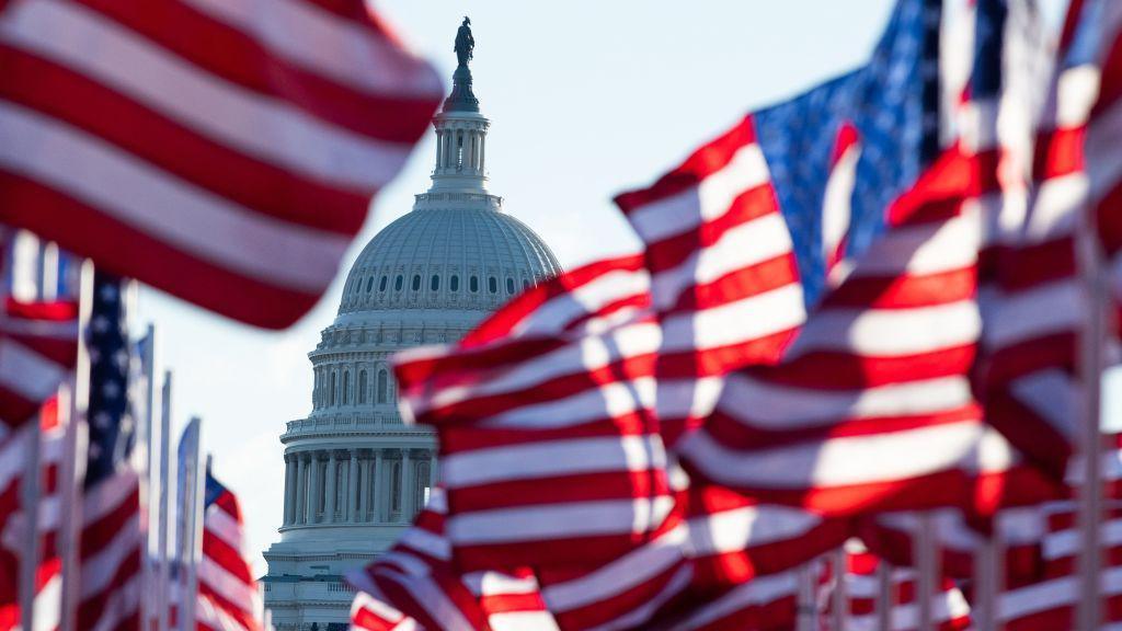 US flags flutter in the wind at the Mall on Inauguration Day 2021