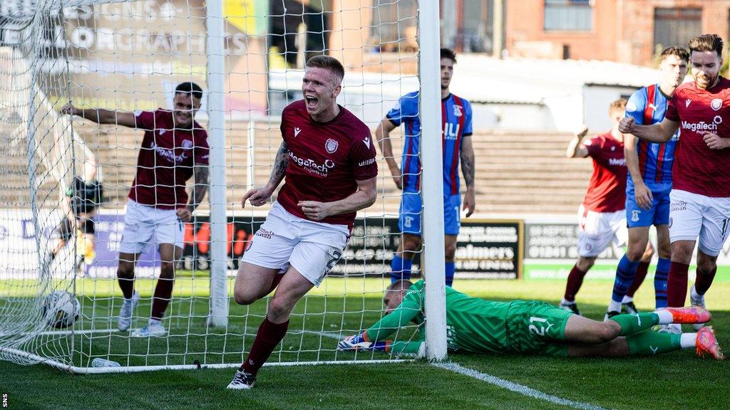 Arbroath's Aaron Steele celebrates his goal