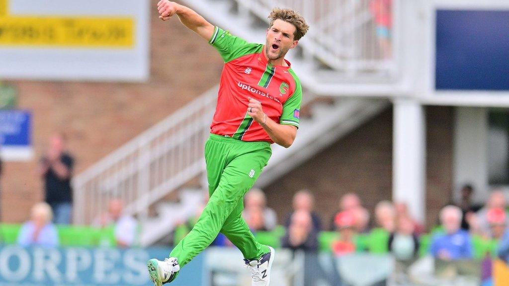 Wiaan Mulder celebrates the first of his three wickets for Leicestershire against Gloucestershire