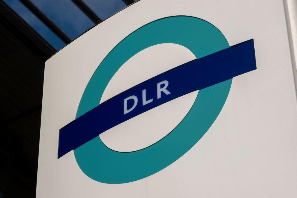 Blue and green sign for the DLR
