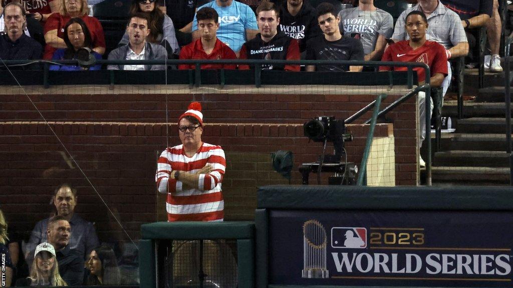 A fan dressed as the character 'Where's Waldo' at Chase FIeld