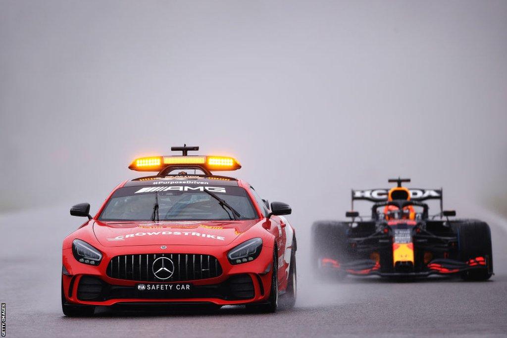 Max Verstappen follows the safety car at the 2021 Belgian Grand Prix