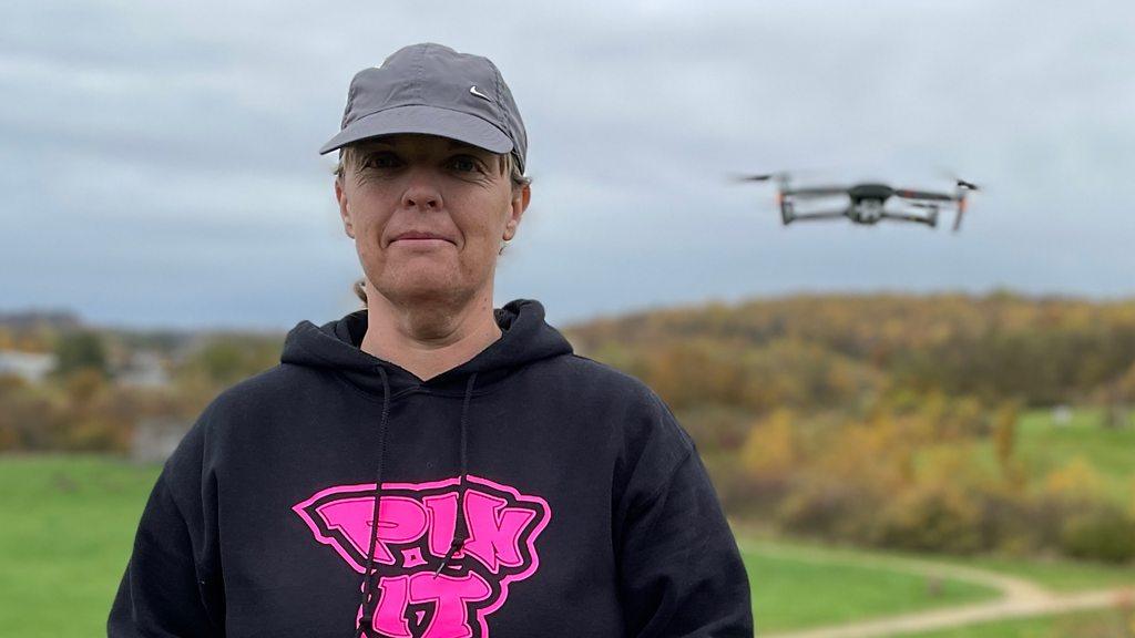 Erica with drone flying overhead