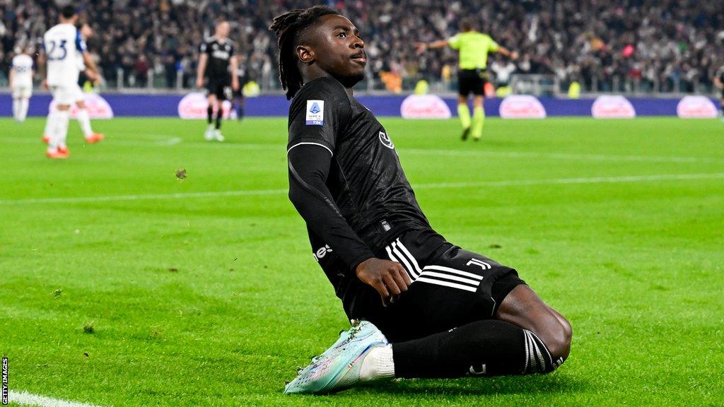 Juventus' Moise Kean celebrates scoring twice against Lazio in the Serie A