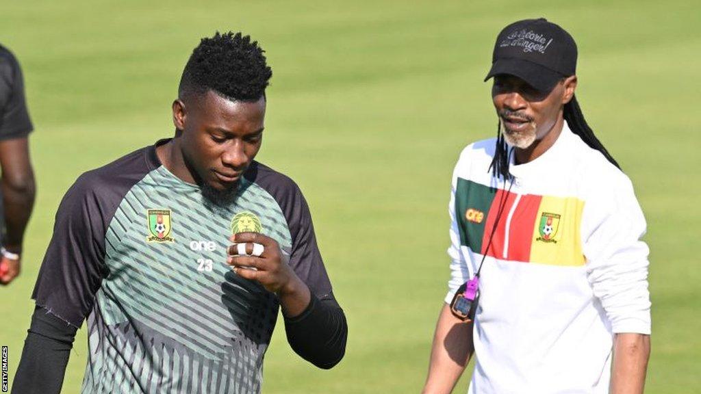 Andre Onana and Rigobert Song in football training for Cameroon