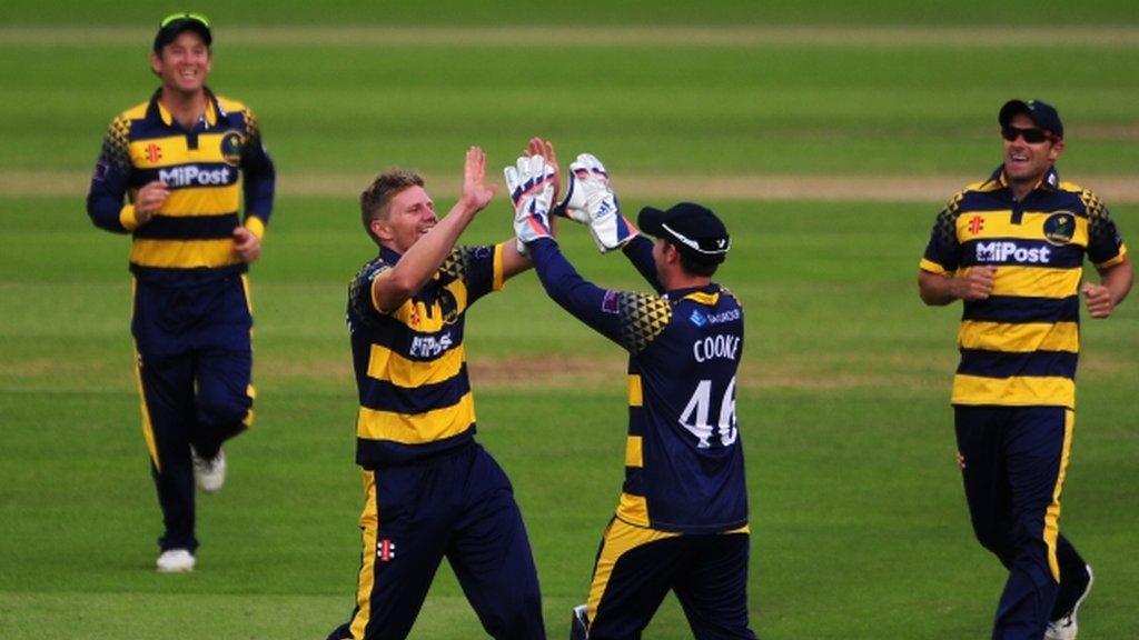 Glamorgan players celebrates the dismissing of Gloucestershire's Hamish Marshall in Cardiff