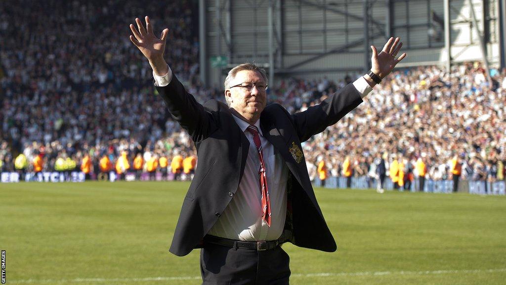 Sir Alex Ferguson acknowledges the away fans after his final match in charge of Manchester United, away to West Brom