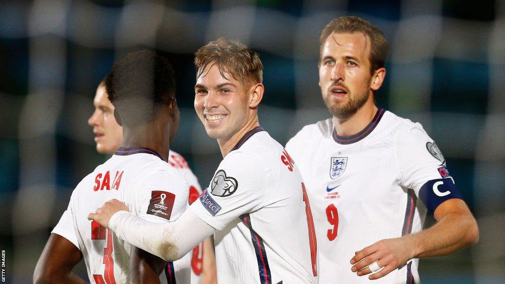 Emile Smith Rowe (centre) celebrates scoring against San Marino