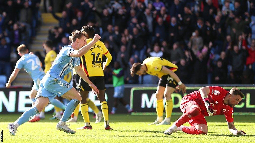 Coventry's Ben Sheaf celebrates his equaliser against Watford