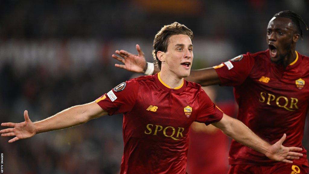 Edoardo Bove of AS Roma celebrates after scoring the team's first goal during the UEFA Europa League semi-final first leg match between AS Roma and Bayer 04 Leverkusen at Stadio Olimpico