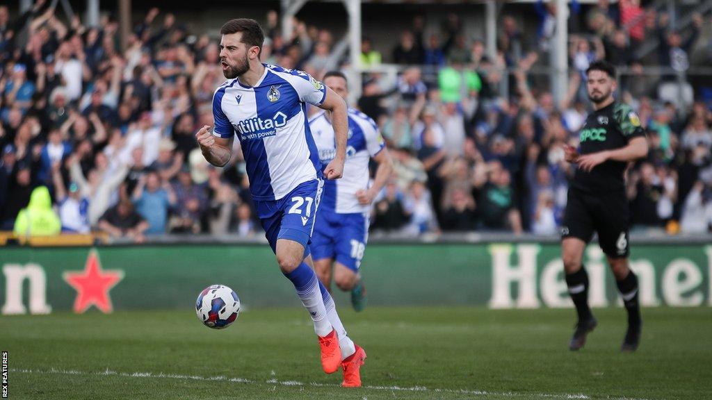 Antony Evans celebrates his equaliser for Bristol Rovers against Derby