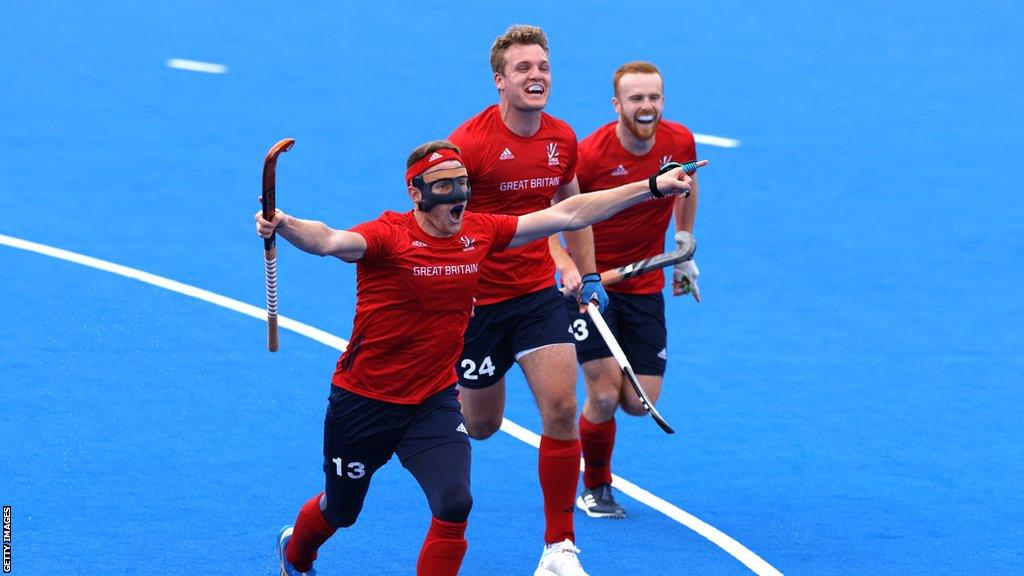 Great Britain hockey player Sam Ward celebrates a goal