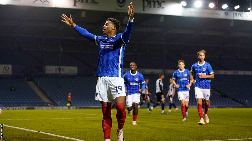 Portsmouth forward Kusini Yengi celebrates after scoring their third goal against Gillingham in the EFL Trophy at Fratton Park.