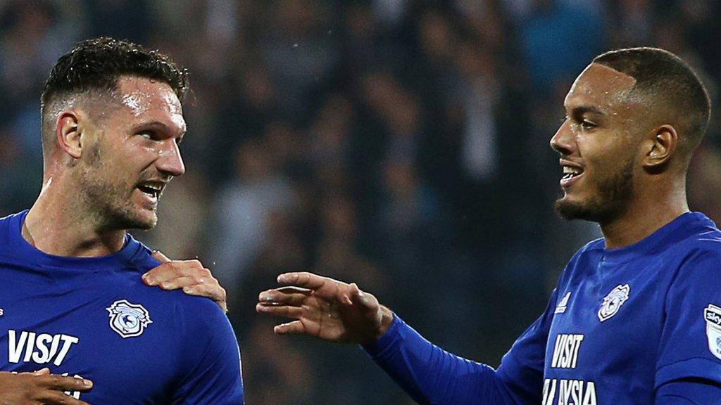 Kenneth Zohore celebrates scoring a goal with Nathaniel Mendez-Laing