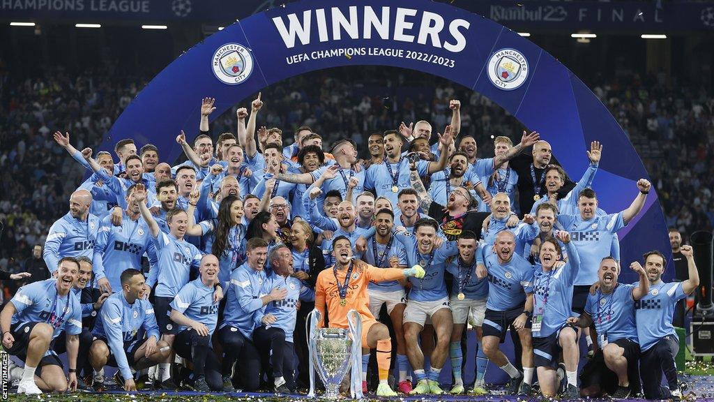 Manchester City's squad celebrate winning the Champions League in Istanbul