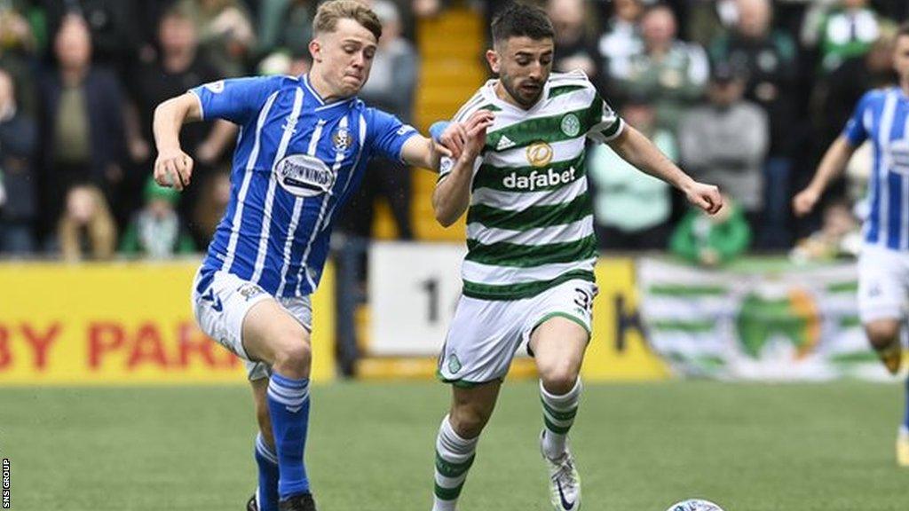 David Watson and Greg Taylor in action during a cinch Premiership match between Kilmarnock and Celtic at Rugby Park