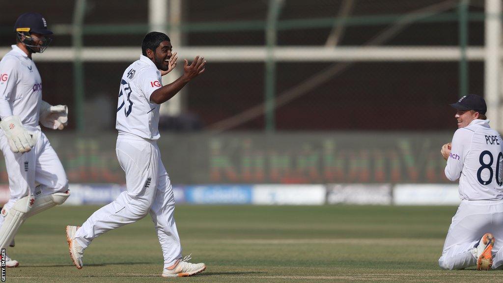 Rehan Ahmed celebrates