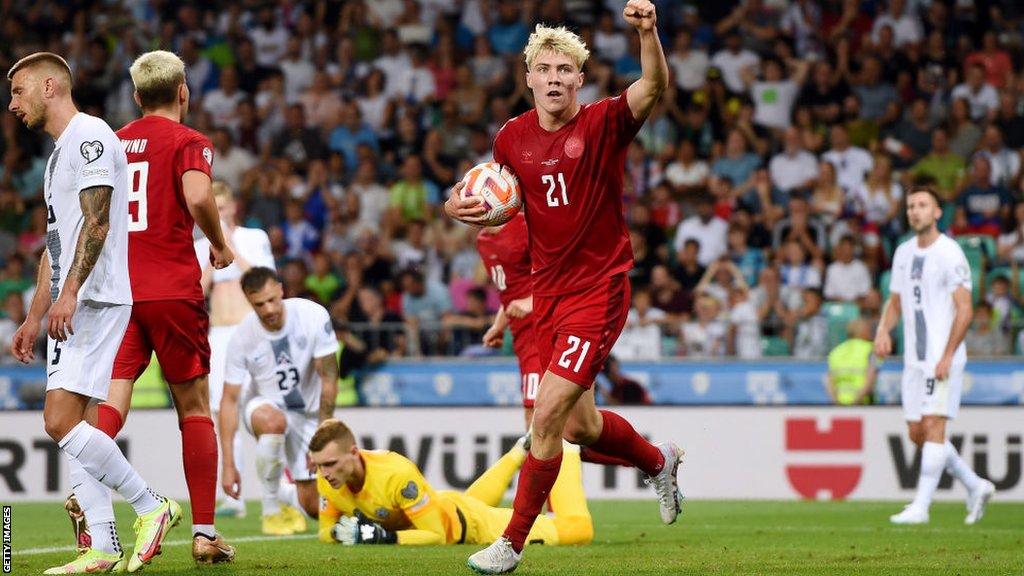 Rasmus Hojlund celebrates scoring for Denmark