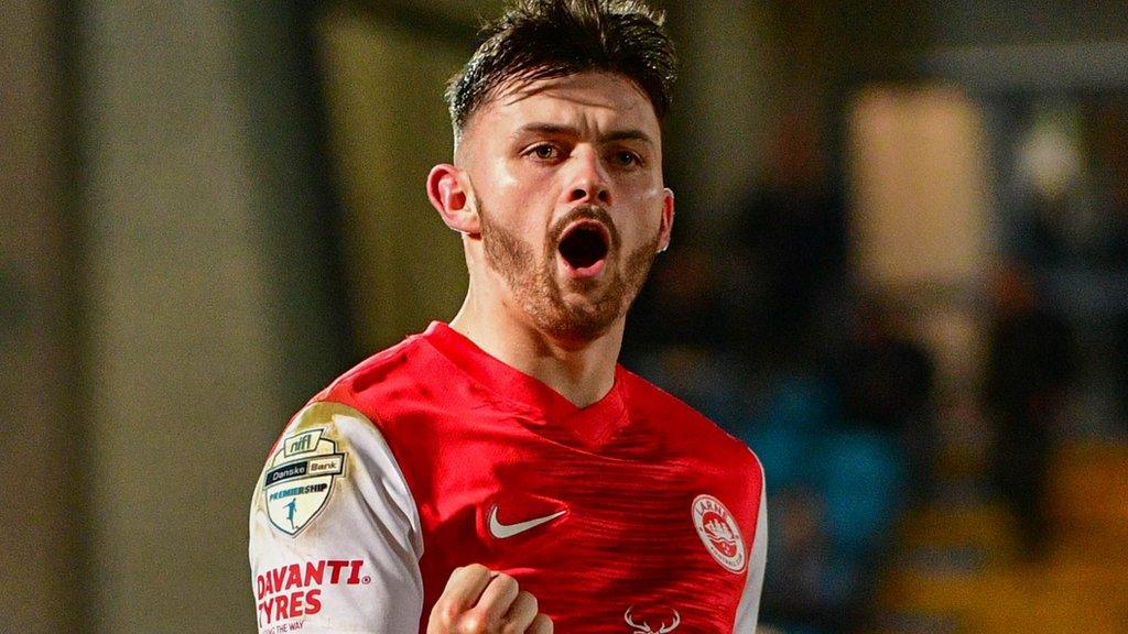 Lee Bonis celebrates scoring for Larne against Ballymena