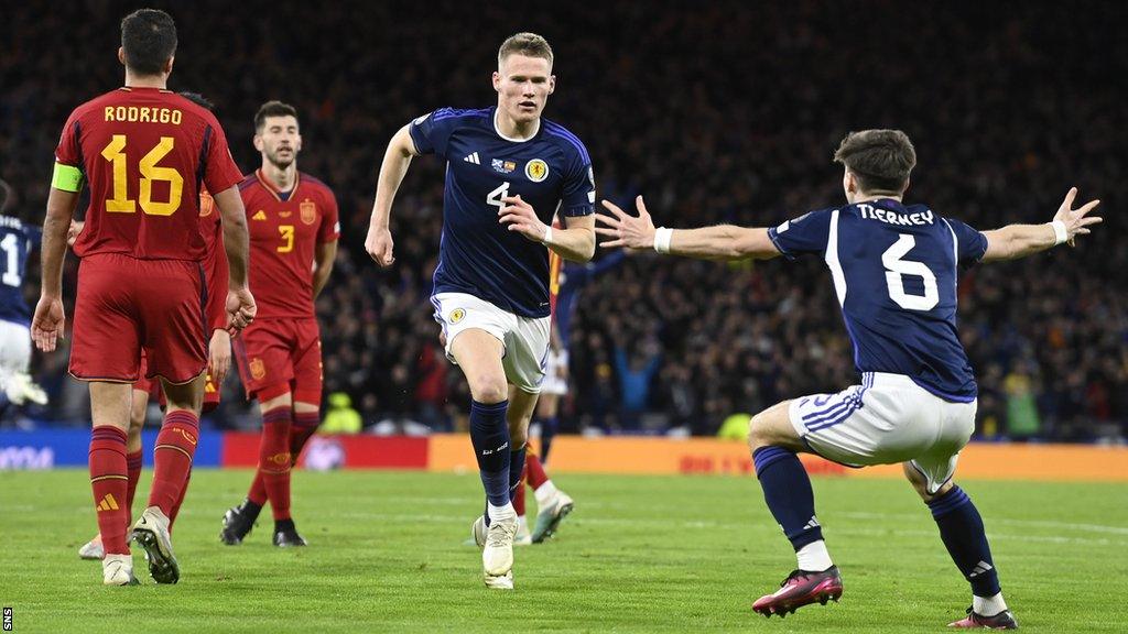 Scott McTominay celebrates scoring for Scotland against Spain