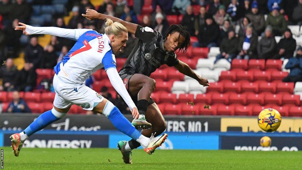 Blackburn Rovers' Arnor Sigurosson scores his team's first goal during the Sky Bet Championship match between Blackburn Rovers and Rotherham United at Ewood Park on January 1, 2024 in Blackburn, England