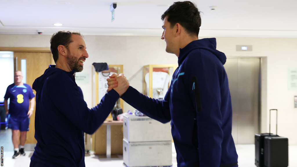 England defender Harry Maguire (right) interacts with boss Gareth Southgate at St George's Park