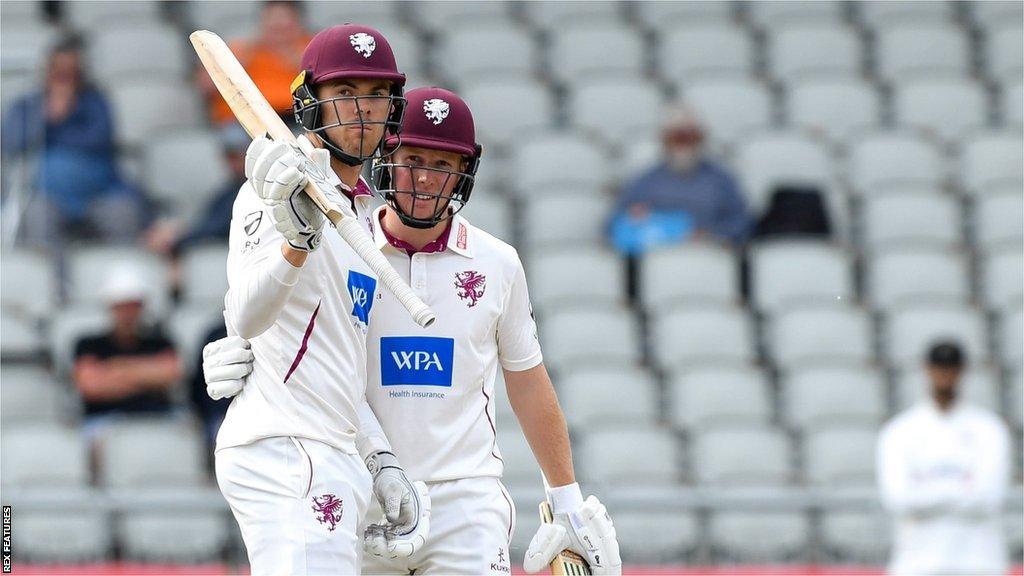 James Rew hit his second ton of the match and it was a maiden century for Kasey Aldridge (left)