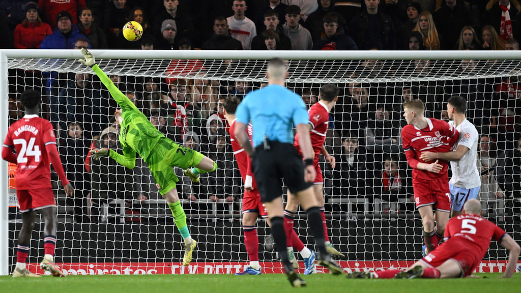 Middlesbrough keeper Tom Glover makes a save during the FA Cup tie with Aston Villa