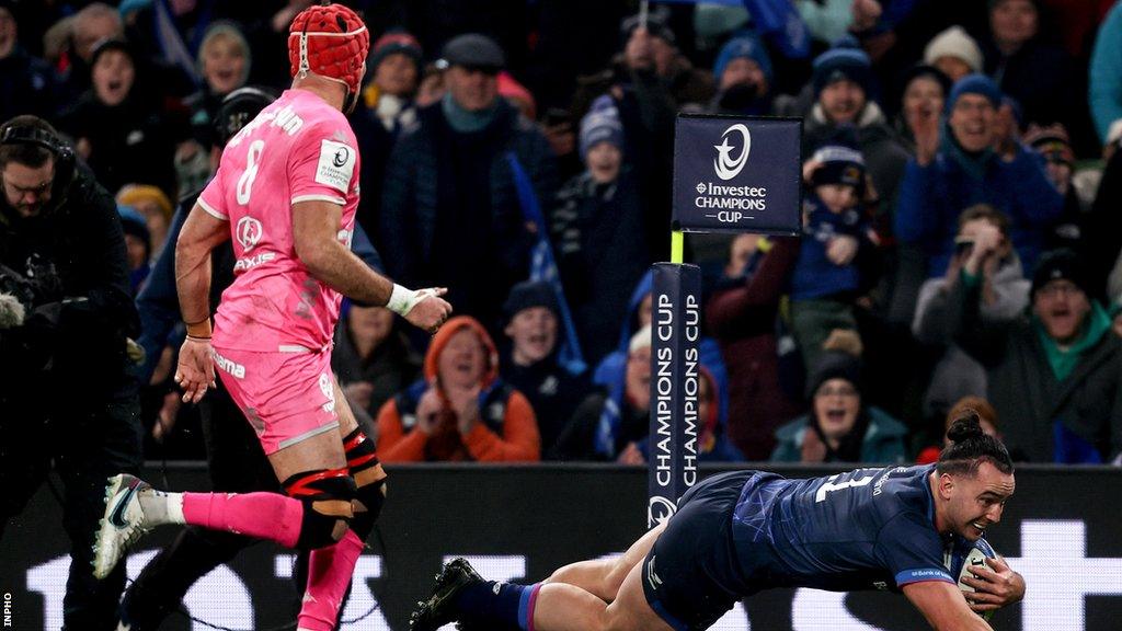 James Lowe dives over for Leinster's first try in the 18th minute