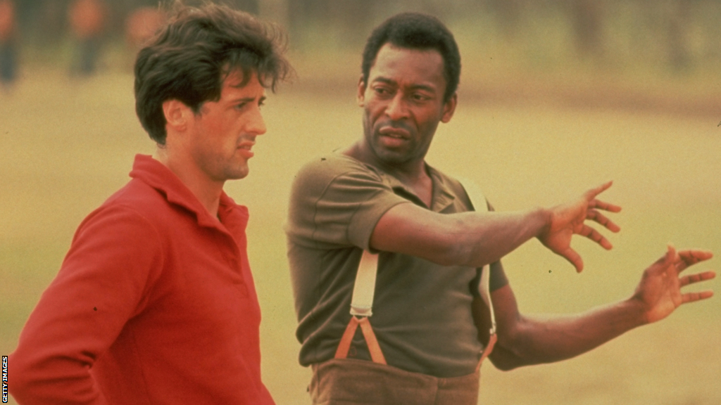 Pele and Sylvester Stallone on the set of the film 'Escape to Victory'