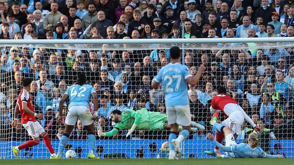 Haaland scoring Man City's second goal.