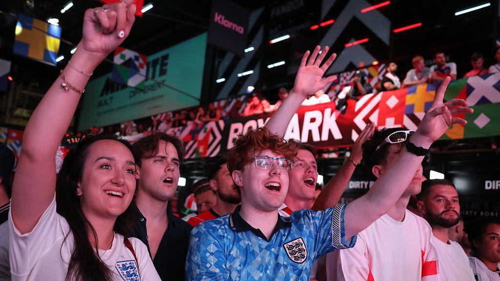 England fans attend a watch party at Boxpark Croydon for the FIFA World Cup 2026 Round of 16 match between Mexico and England 