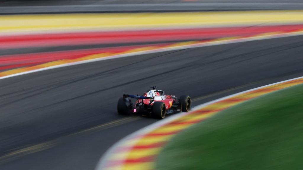 A rear view of Ferrari's Charles Leclerc going through Stavelot during Belgian Grand Prix practice