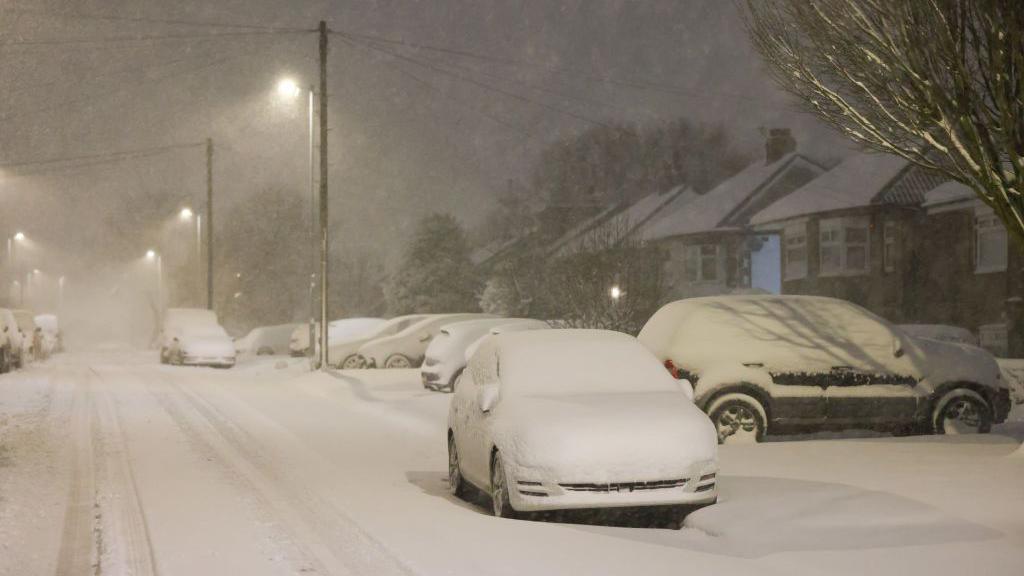 A general view of a snow covered road in Bradford.