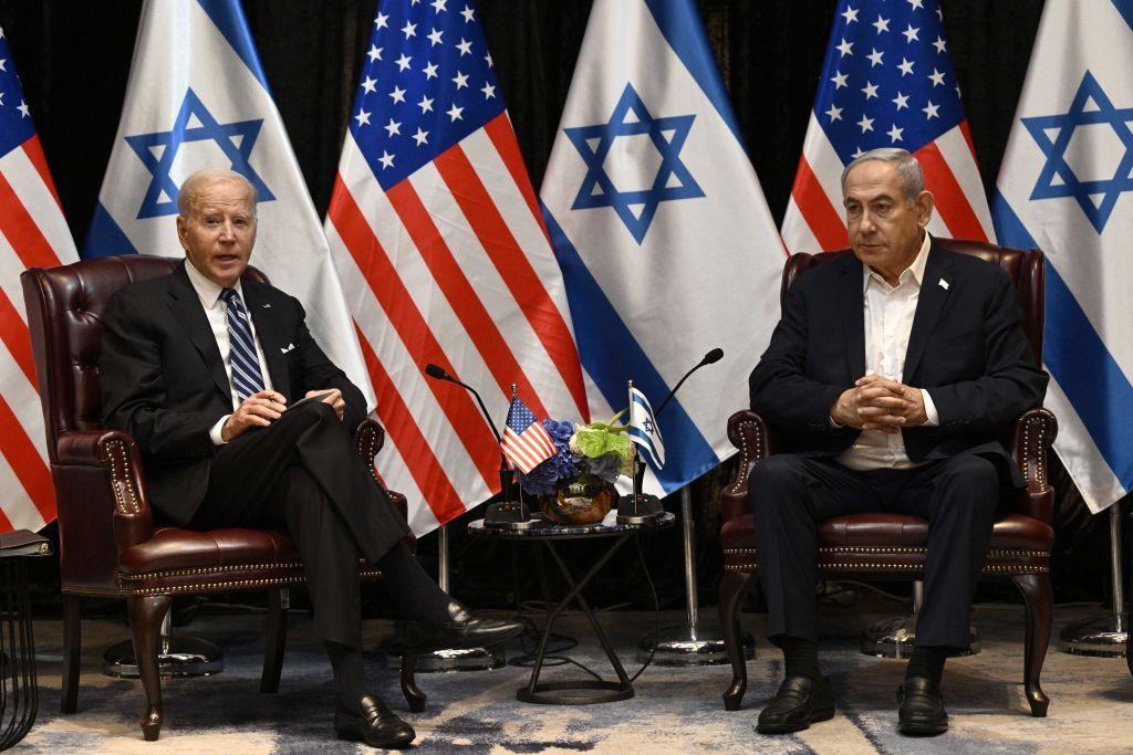 US President Joe Biden sits with Israel's prime minster, Benjamin Netanyahu in October 2023