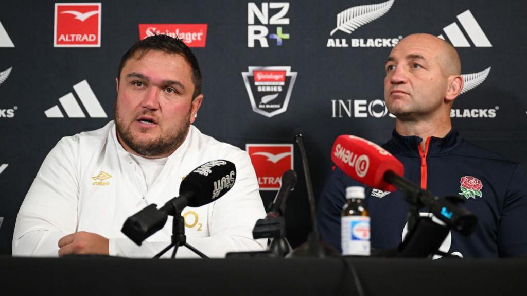 Jamie George and Steve Borthwick at a press conference in New Zealand