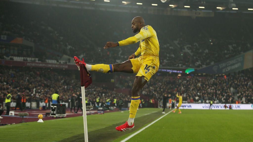 Crystal Palace striker Jean-Philippe Mateta celebrates scoring against West Ham at the London Stadium