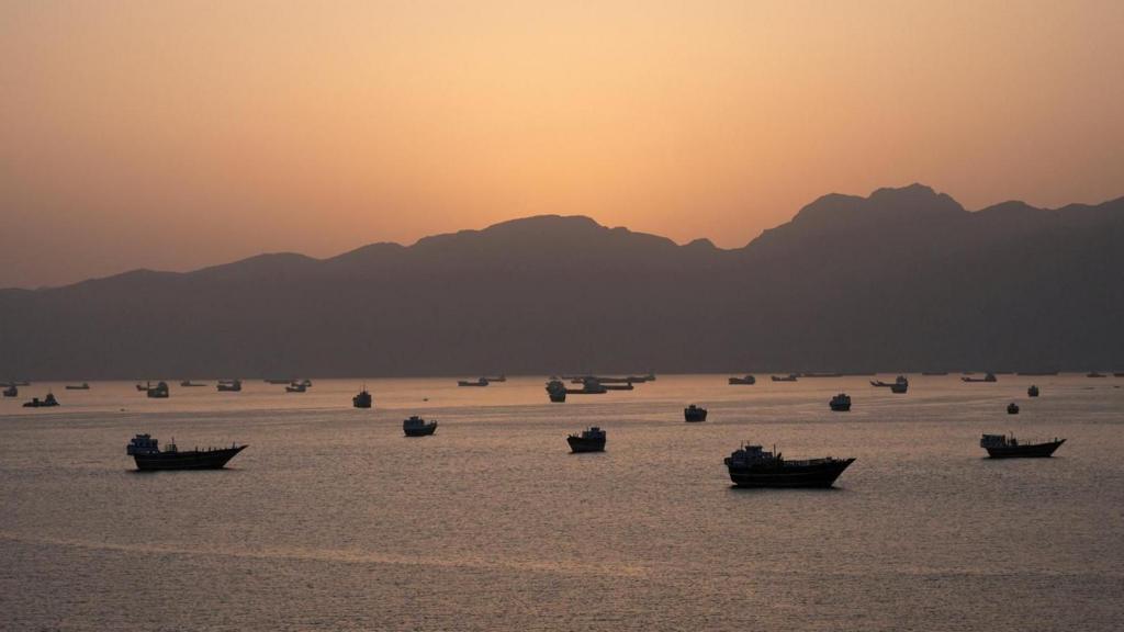 Ships in the Strait of Hormuz, seen from Oman on 1 May