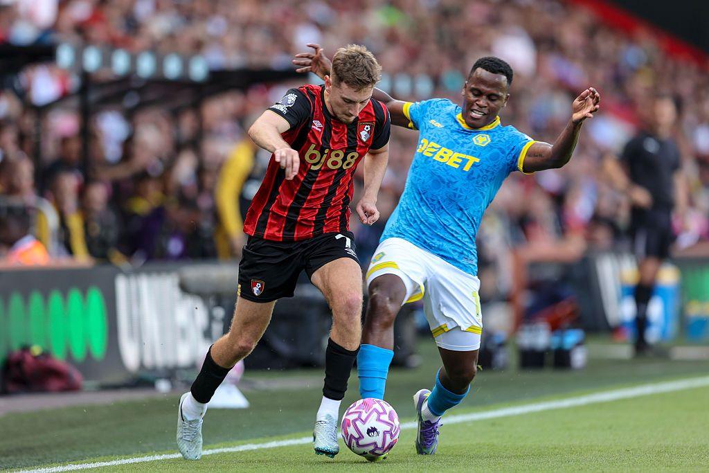 Bournemouth's David Brooks and Wolves' Jhon Arias battle for the ball during the Premier League game at Vitality Stadium in August 2025.